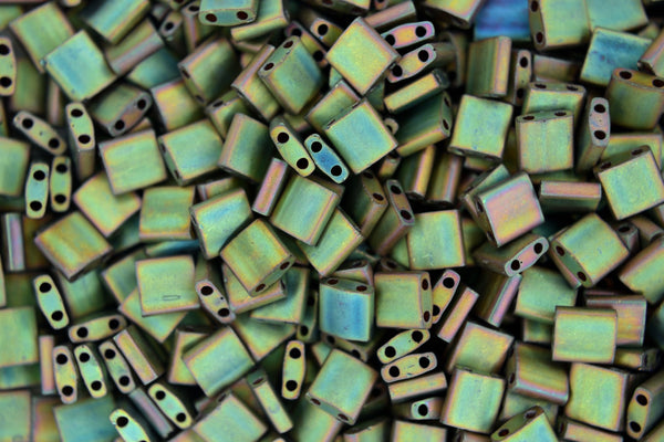 5g MIYUKI Tila Japanese Glass Beads 5x5mm 92035 Matte Metallic Khaki Iris