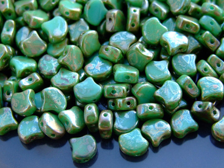 10g Matubo Ginko Duo Czech Seed Beads 7.5x7.5mm Opaque Green Turquoise Rembrandt Beadacious