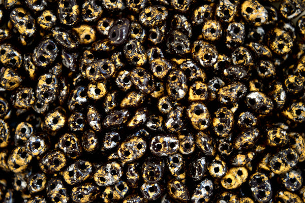 10g Matubo SuperDuo Czech Seed Beads 2.5x5mm Opaque Jet Black Tweedy Gold Beadacious