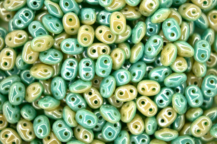 10g Matubo SuperDuo Duets Czech Seed Beads 2.5x5mm Opaque Green Turquoise Ivory Luster Beadacious