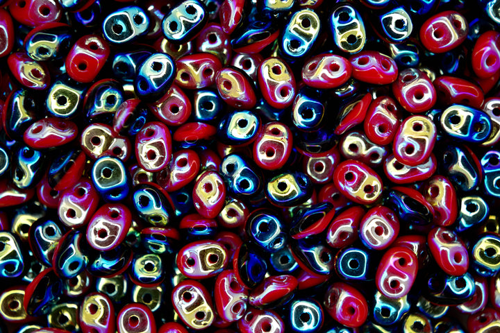 10g Matubo SuperDuo Duets Czech Seed Beads 2.5x5mm Opaque Red Black Full AB Beadacious