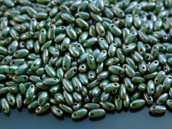 10g Rizo Czech Seed Beads 2.5x6mm Opaque Green Luster Beadacious