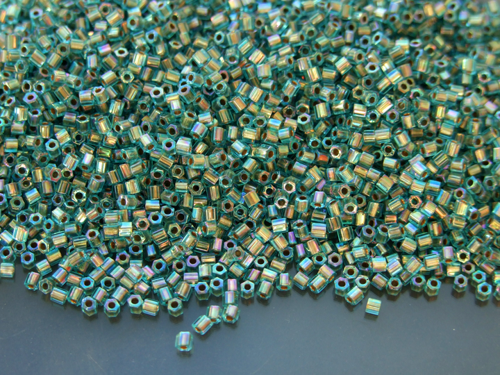 10g TOHO 11/0 Hexagon Japanese Seed Beads Size 2mm 995 Gold Lined Aqua Rainbow Beadacious