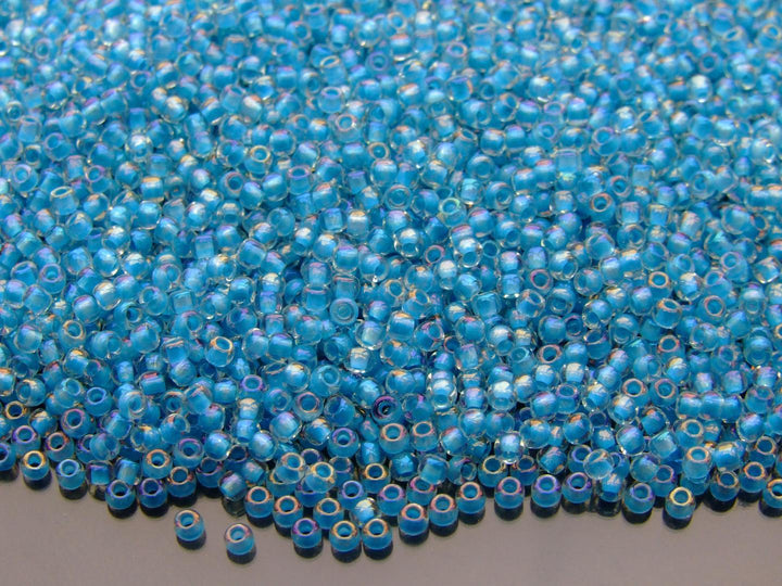 10g TOHO 11/0 Round Japanese Seed Beads 2mm 183 Inside Color Luster Crystal/Opaque Aquamarine Lined Beadacious