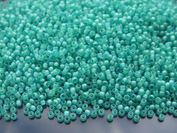 10g TOHO 11/0 Round Japanese Seed Beads 2mm 954F Inside Color Frosted Aquamarine/Light Jonquil Lined Beadacious