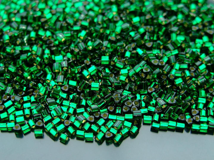 10g TOHO 11/0 Triangle Japanese Seed Beads 2mm 36 Silver Lined Green Emerald Beadacious