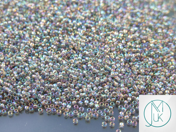 10g TOHO 15/0 Round Japanese Seed Beads 1.5mm 176 Transparent Black Diamond Rainbow Beadacious