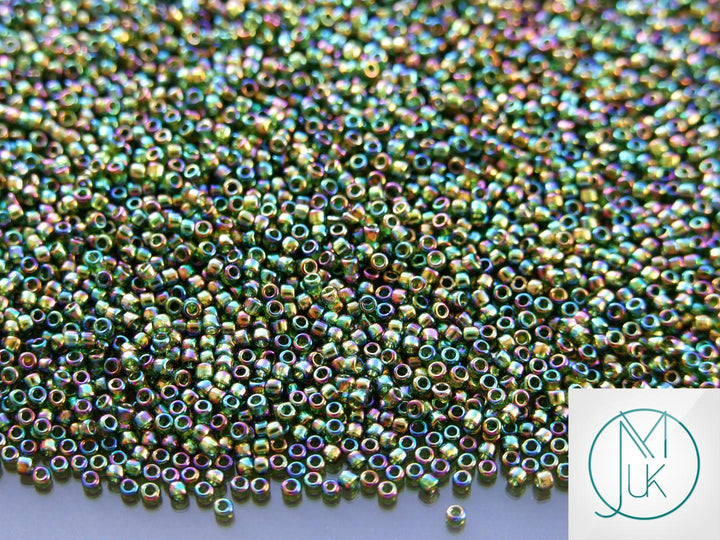 10g TOHO 15/0 Round Japanese Seed Beads 1.5mm 180 Transparent Olivine Rainbow Beadacious