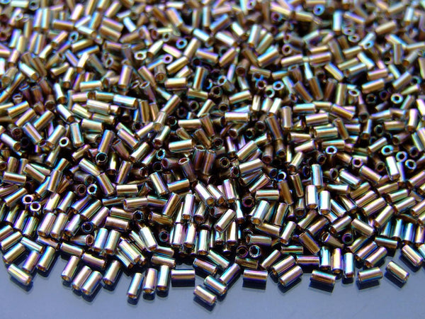 10g TOHO 3mm Bugle Japanese Seed Beads 999 Gold Lined Black Diamond Rainbow Beadacious