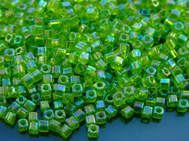 10g TOHO 3mm Cube Japanese Seed Beads 164 Transparent Lime Green Rainbow Beadacious