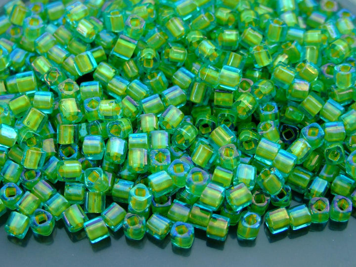 10g TOHO 4mm Cube Japanese Seed Beads 307 Inside Color Aquamarine/Yellow Lined Beadacious