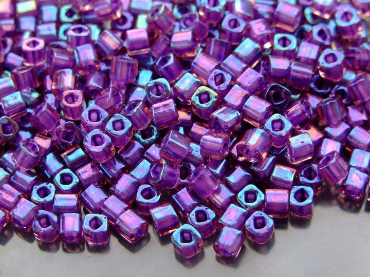 10g TOHO 4mm Cube Japanese Seed Beads 928 Inside Color Rainbow Rosaline/Purple Lined Beadacious