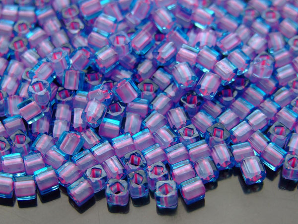 10g TOHO 4mm Cube Japanese Seed Beads 937 Inside Color Aquamarine/Bubble Gum Pink Lined Beadacious