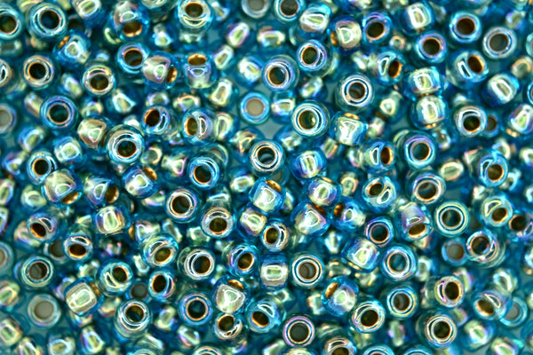 10g TOHO 6/0 Round Japanese Seed Beads 4mm 995 Gold Lined Aquamarine Rainbow Beadacious