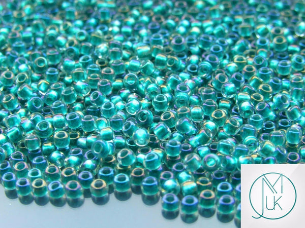 10g TOHO 8/0 Round Japanese Beads 3mm 264 Inside Color Crystal/Teal Rainbow Beadacious