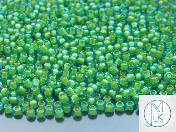 10g TOHO 8/0 Round Japanese Beads 3mm 307 Inside Color Aquamarine/Yellow Lined Beadacious