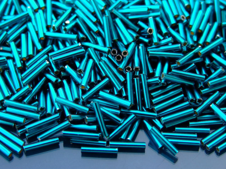 10g TOHO 9mm Bugle Japanese Seed Beads 27BDF Silver Lined Frosted Teal Beadacious