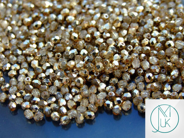 120+ Fire Polished 3mm Czech Seed Beads Crystal Gold/Topaz Beadacious