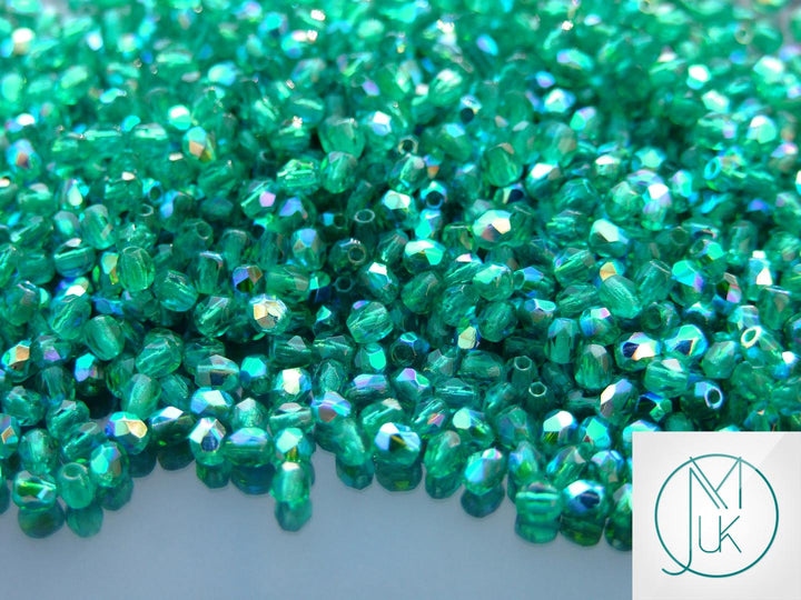 120+ Fire Polished 3mm Czech Seed Beads Emerald AB Beadacious