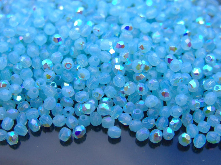 120+ Fire Polished 3mm Czech Seed Beads Milky Aquamarine AB Beadacious