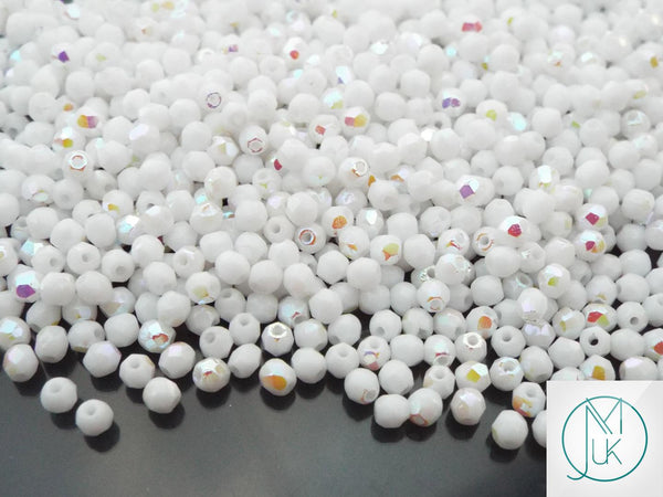 120+ Fire Polished 3mm Czech Seed Beads Opaque White AB Beadacious