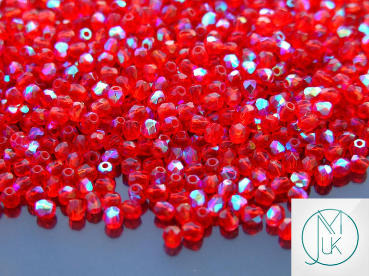 120+ Fire Polished 3mm Czech Seed Beads Siam Ruby AB Beadacious