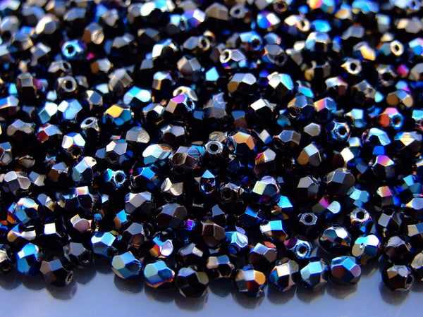 120+ Fire Polished 4mm Czech Seed Beads Blue Iris Jet Beadacious