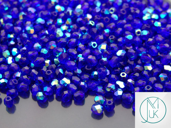 120+ Fire Polished 4mm Czech Seed Beads Medium Cobalt AB Beadacious