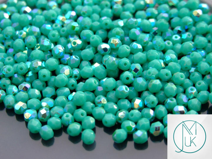 120+ Fire Polished 4mm Czech Seed Beads Opaque Turquoise AB Beadacious