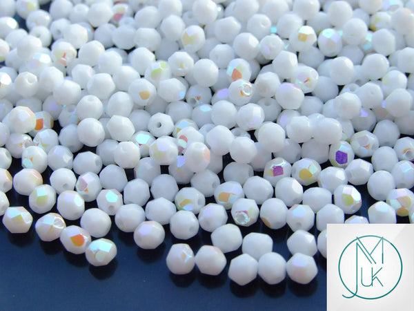 120+ Fire Polished 4mm Czech Seed Beads Opaque White AB Beadacious