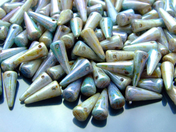 20x Spike/Cone Czech Seed Beads 5x13mm Luster Opaque Green Beadacious