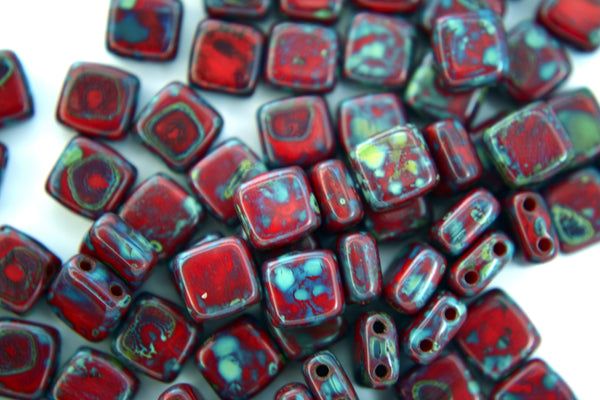 25x CzechMates Tile Czech Beads 6x6mm Picasso Opaque Red 2 Beadacious