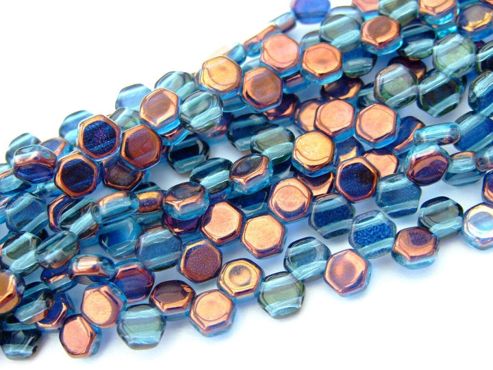 30x Honeycomb 6mm Czech Beads Aquamarine Bronze Luster Beadacious