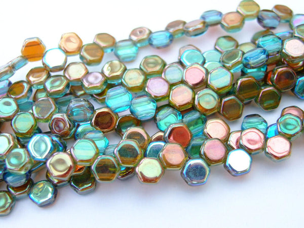 30x Honeycomb 6mm Czech Beads Aquamarine Orange Rainbow Beadacious