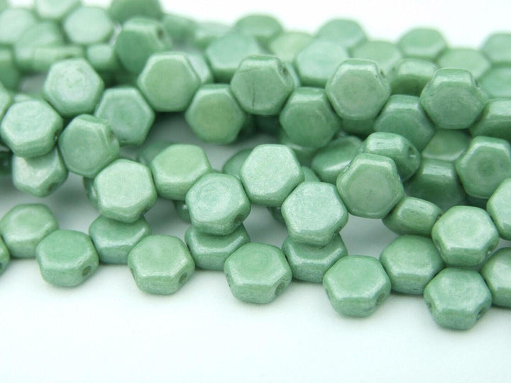 30x Honeycomb 6mm Czech Beads Chalk Green Luster Beadacious