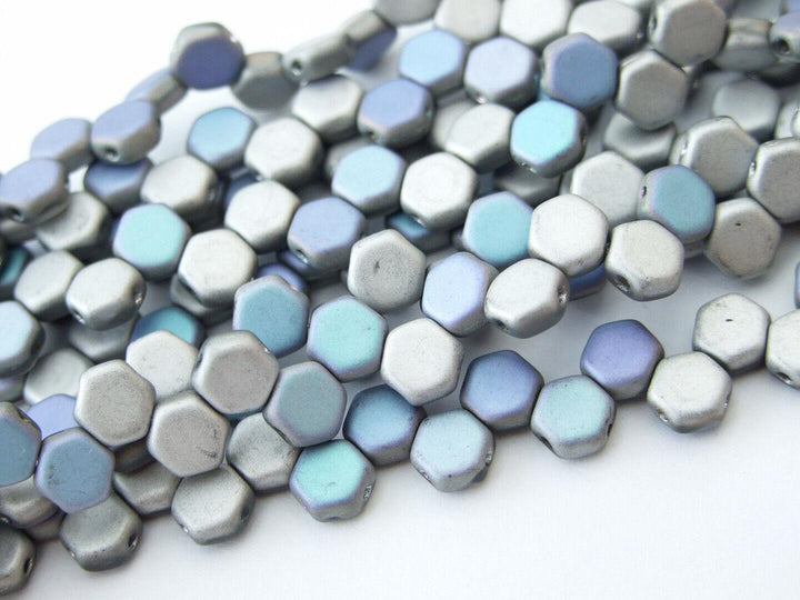 30x Honeycomb 6mm Czech Beads Glittery Matte Silver Beadacious