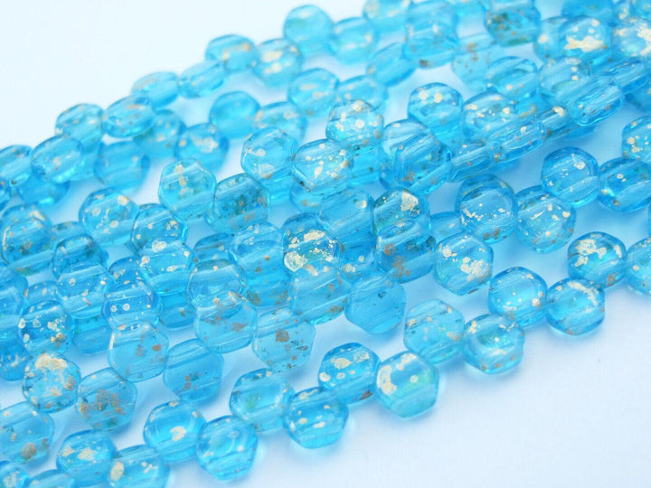 30x Honeycomb 6mm Czech Beads Gold Splash Aquamarine Beadacious