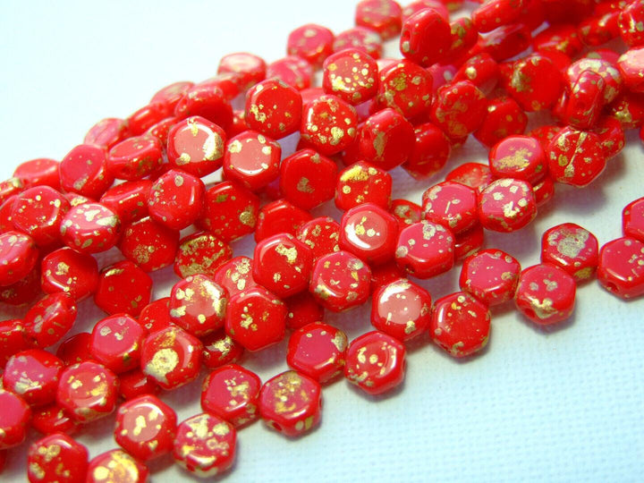 30x Honeycomb 6mm Czech Beads Gold Splash Red Opaque Beadacious