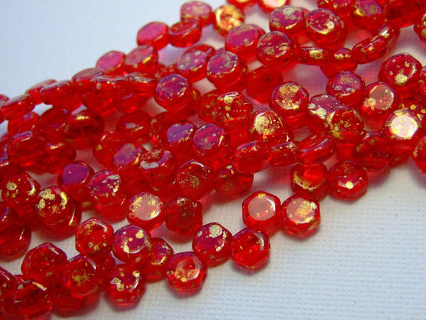 30x Honeycomb 6mm Czech Beads Gold Splash Ruby Beadacious