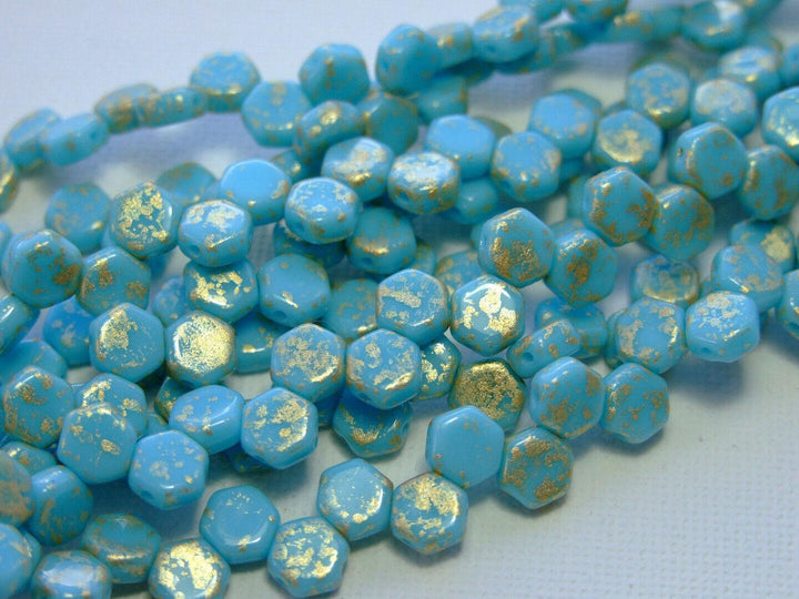 30x Honeycomb 6mm Czech Beads Gold Splash Turquoise Blue Beadacious