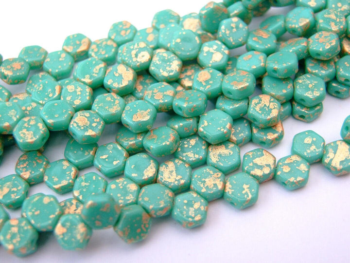 30x Honeycomb 6mm Czech Beads Gold Splash Turquoise Green Beadacious