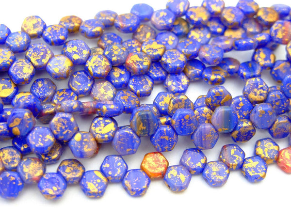 30x Honeycomb 6mm Czech Beads Hodge Podge Blue Splash Gold Beadacious