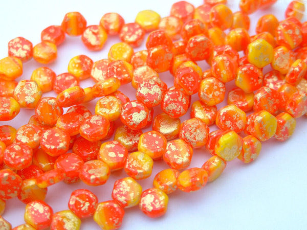 30x Honeycomb 6mm Czech Beads Hodge Podge Orange Splash Gold Beadacious