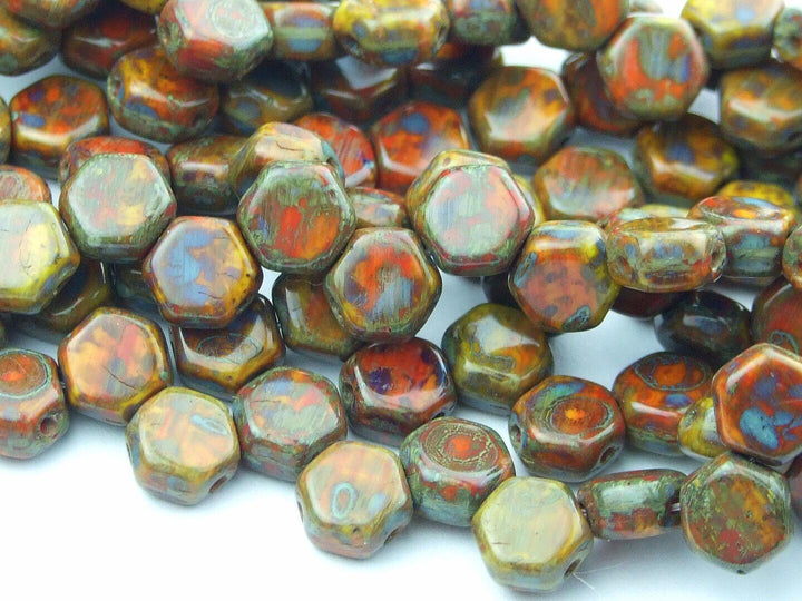 30x Honeycomb 6mm Czech Beads Hodge Podge Orange Travertine Beadacious