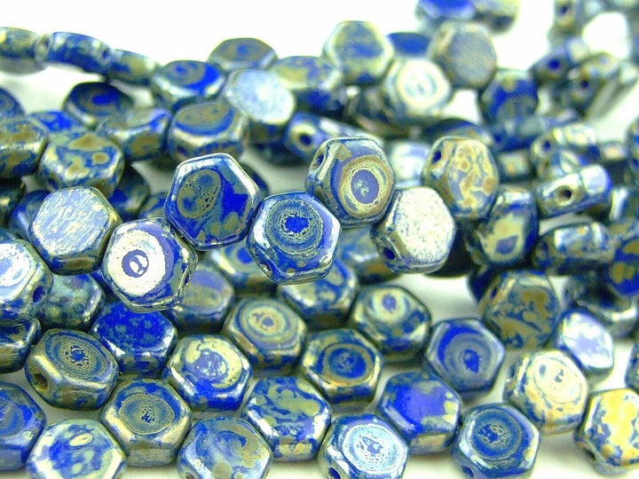 30x Honeycomb 6mm Czech Beads Royal Blue Picasso Beadacious