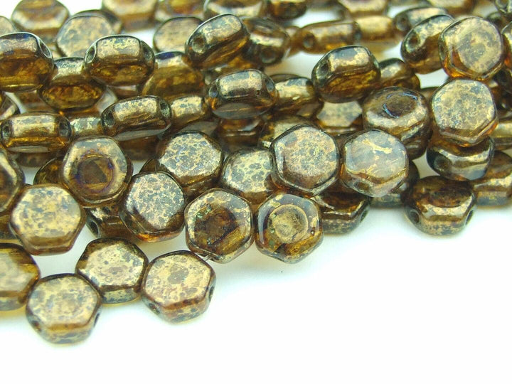 30x Honeycomb 6mm Czech Beads Topaz Bronze Picasso Beadacious