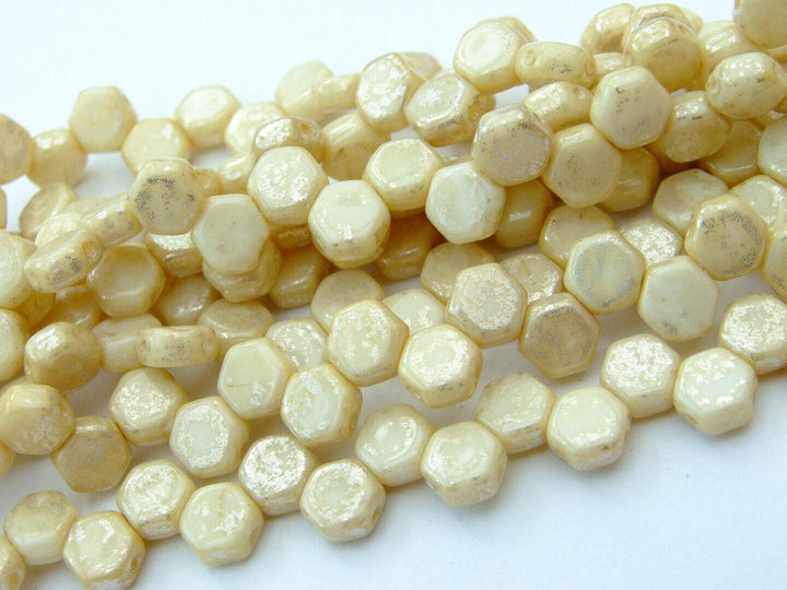 30x Honeycomb 6mm Czech Beads Vanilla Chalk Silver Splash Beadacious