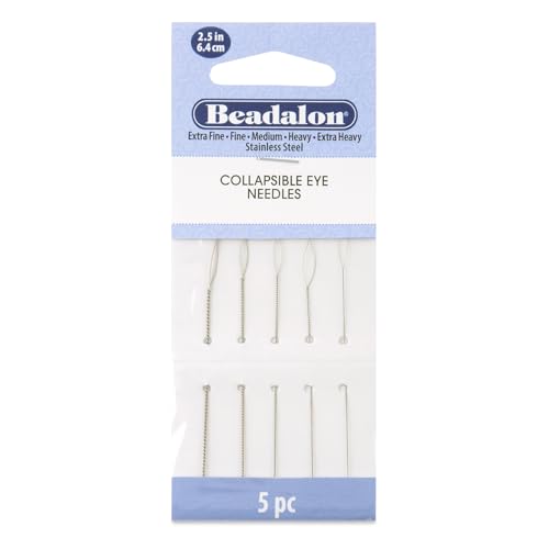 Beadalon Collapsible Eye Beading Needles 2.5inch Pack of 5 Extra Fine, Fine, Medium, Heavy, Extra Heavy