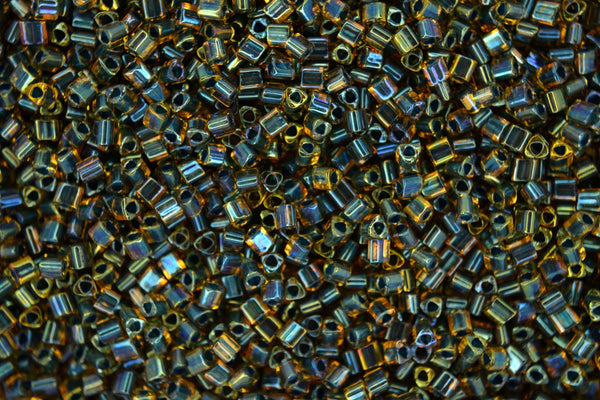 10g TOHO 11/0 Triangle Japanese Seed Beads 2mm 243 Inside Color Topaz/Opaque Emerald Lined