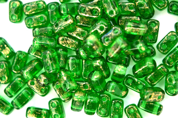 50x CzechMates Bricks Czech Beads 3x6mm Gold Marbled Green Emerald Beadacious